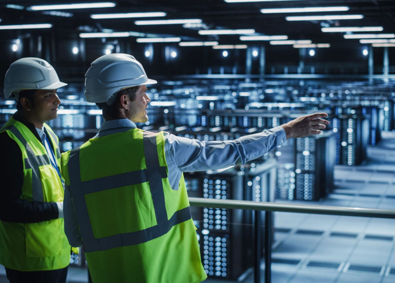 Two people in conversation overlooking a data centre   